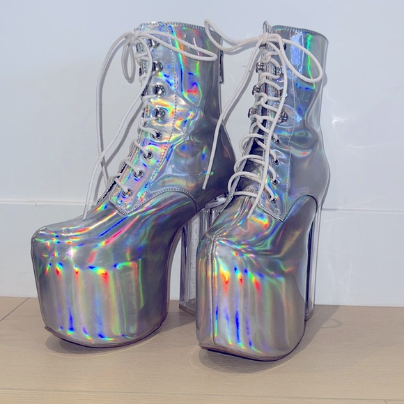 Current Mood Holographic Laced Platform Clear Heeled Boots - Picture 2 of 13
